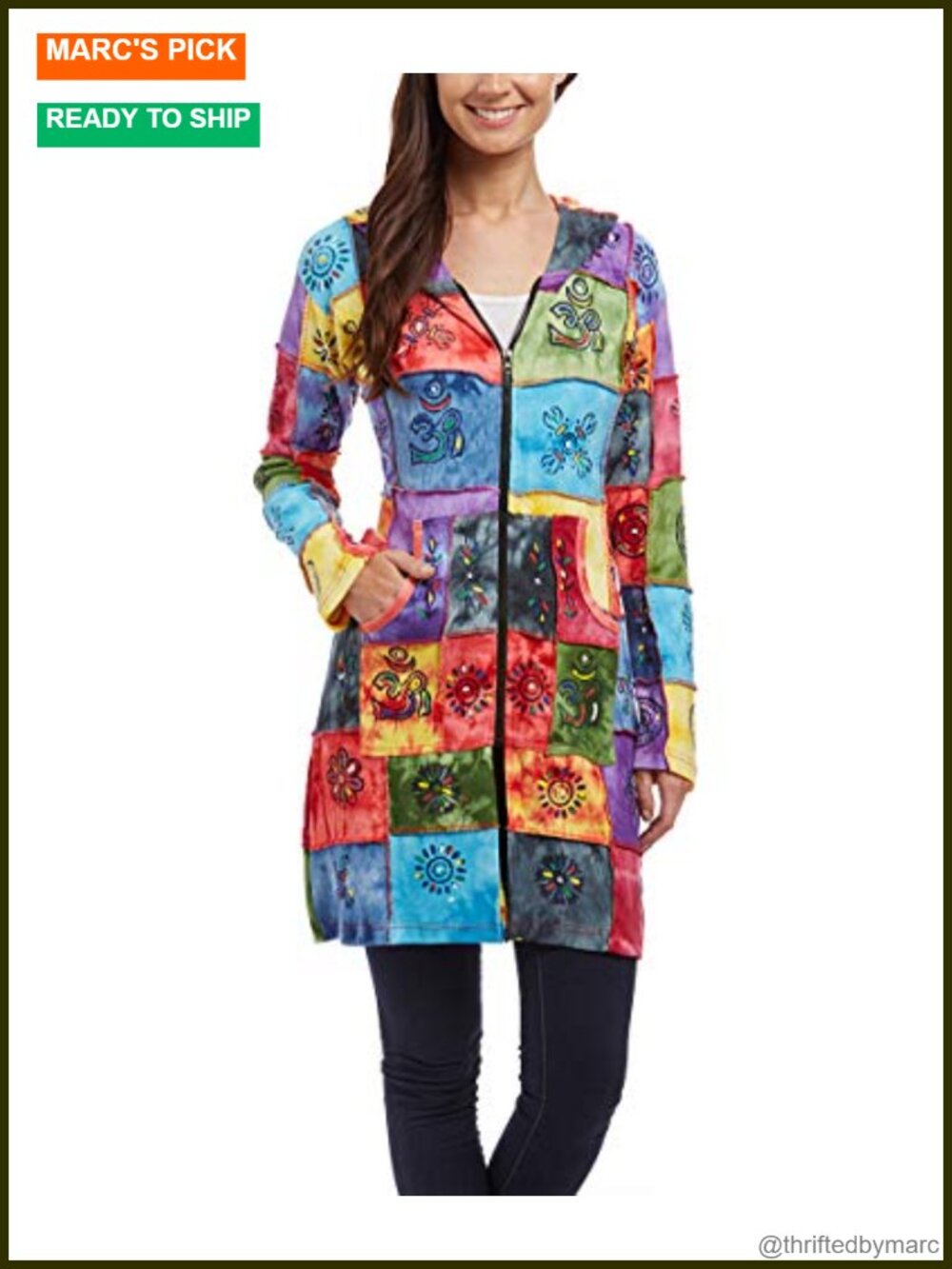 Boho Zip Up Hoodie with Kangaroo Pocket 100% Cotton